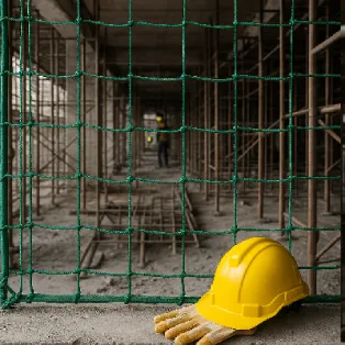 تور ایمنی ساختمانی سبز با کلاه و دستکش ایمنی در کارگاه